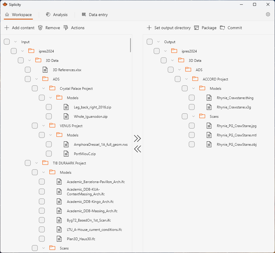 Screenshot of Siplicity application, showing the workspace pane’s tree view