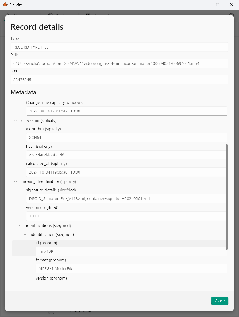 Screenshot of Siplicity application, showing the details view for a record