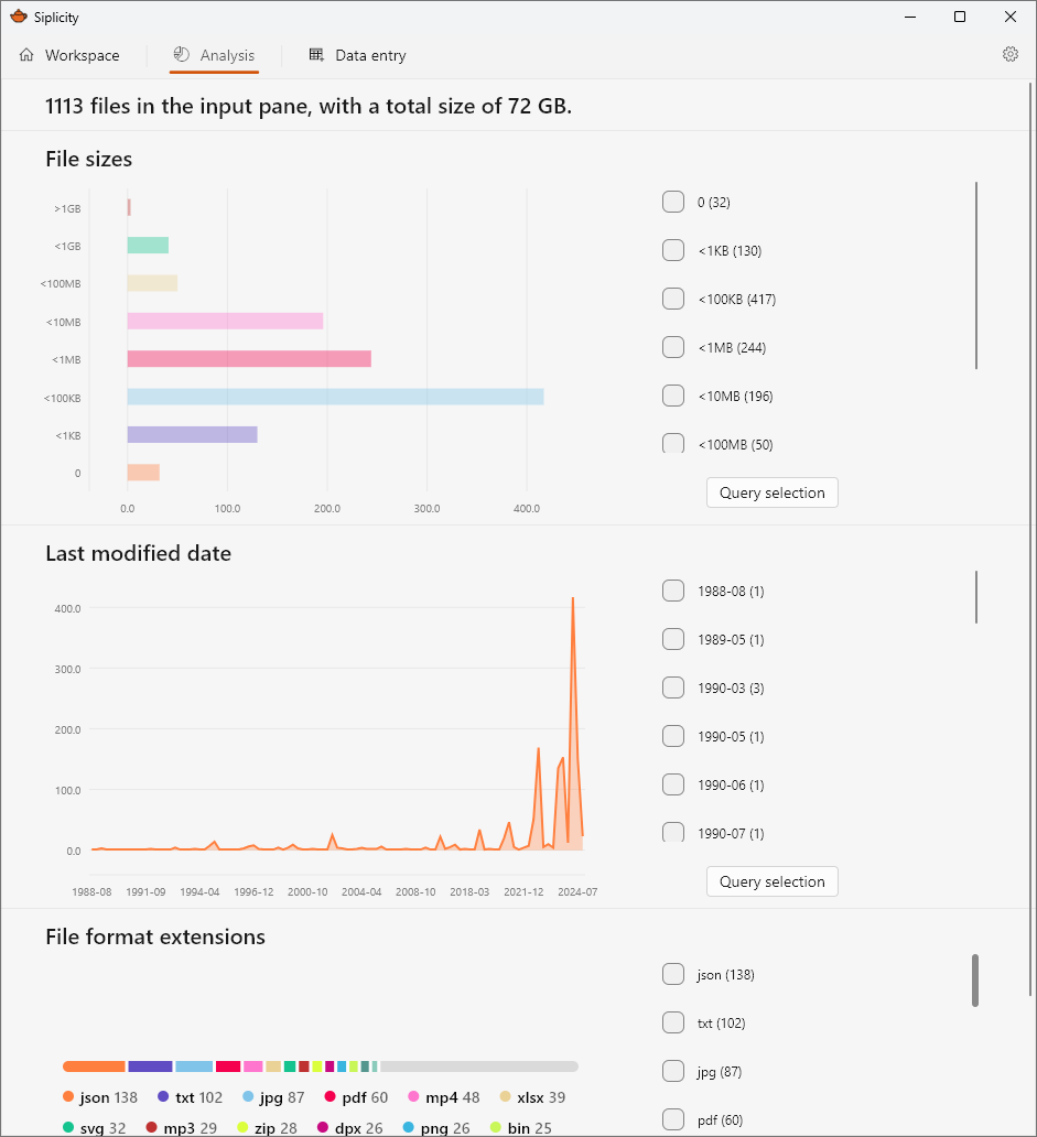 Screenshot of Siplicity application, showing the analysis pane