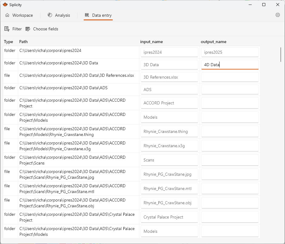 Screenshot of Siplicity application, showing the data entry pane