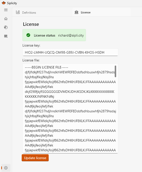 screenshot of the license update UI, with mock license details